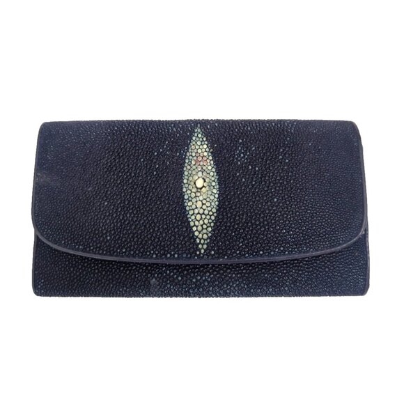 Stingray Fish Skin Navy Blue Leather Bifold Long Wallet - Picture 1 of 5